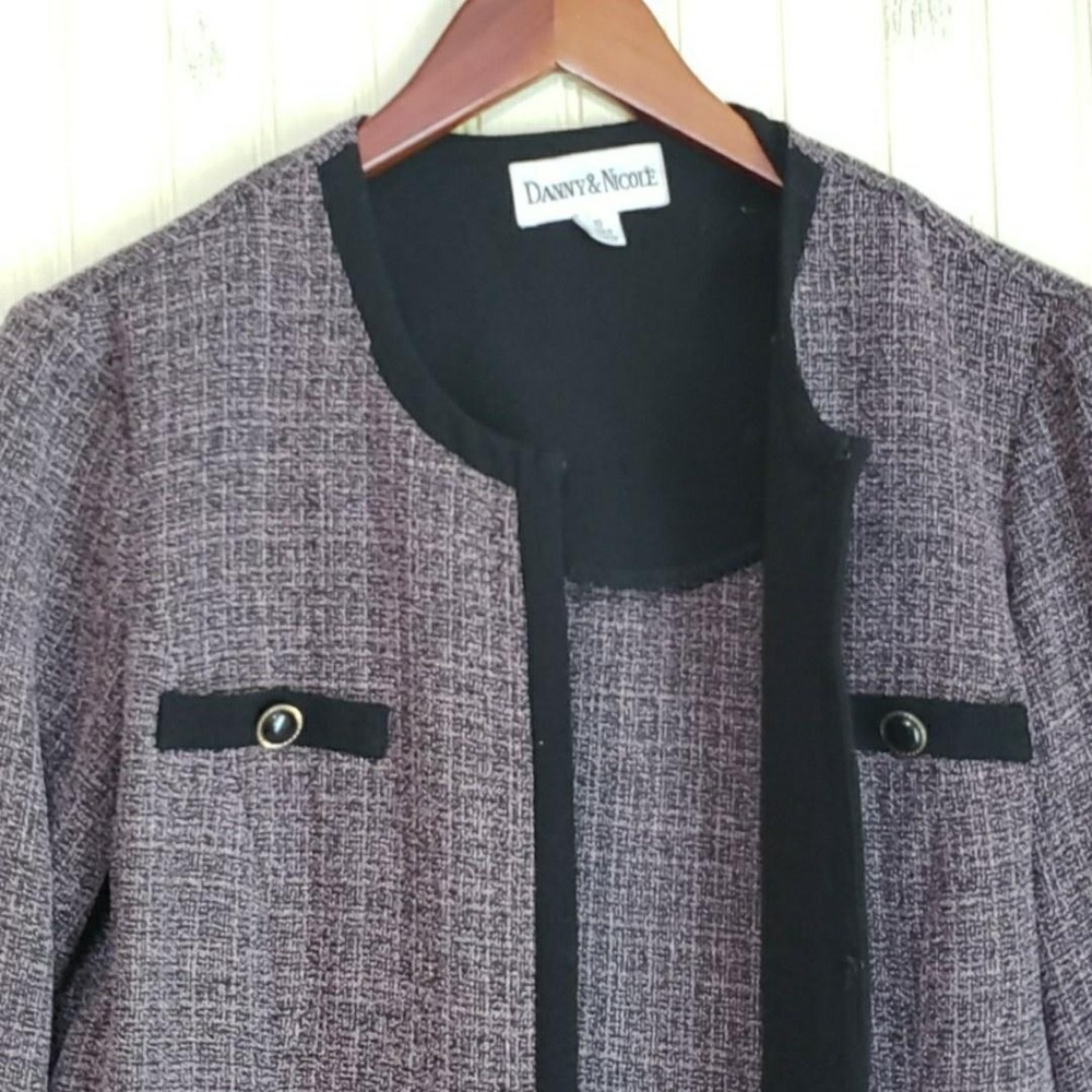 Danny & Nicole Jacket Womens 10 Purple Tweed Collarless Long Pockets Open Front